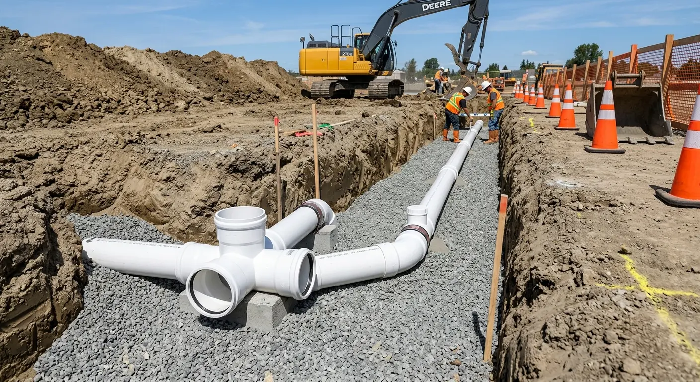 New PVC sewer pipe installation in open trench for Commercial Drain Cleaning in Mira Monte
