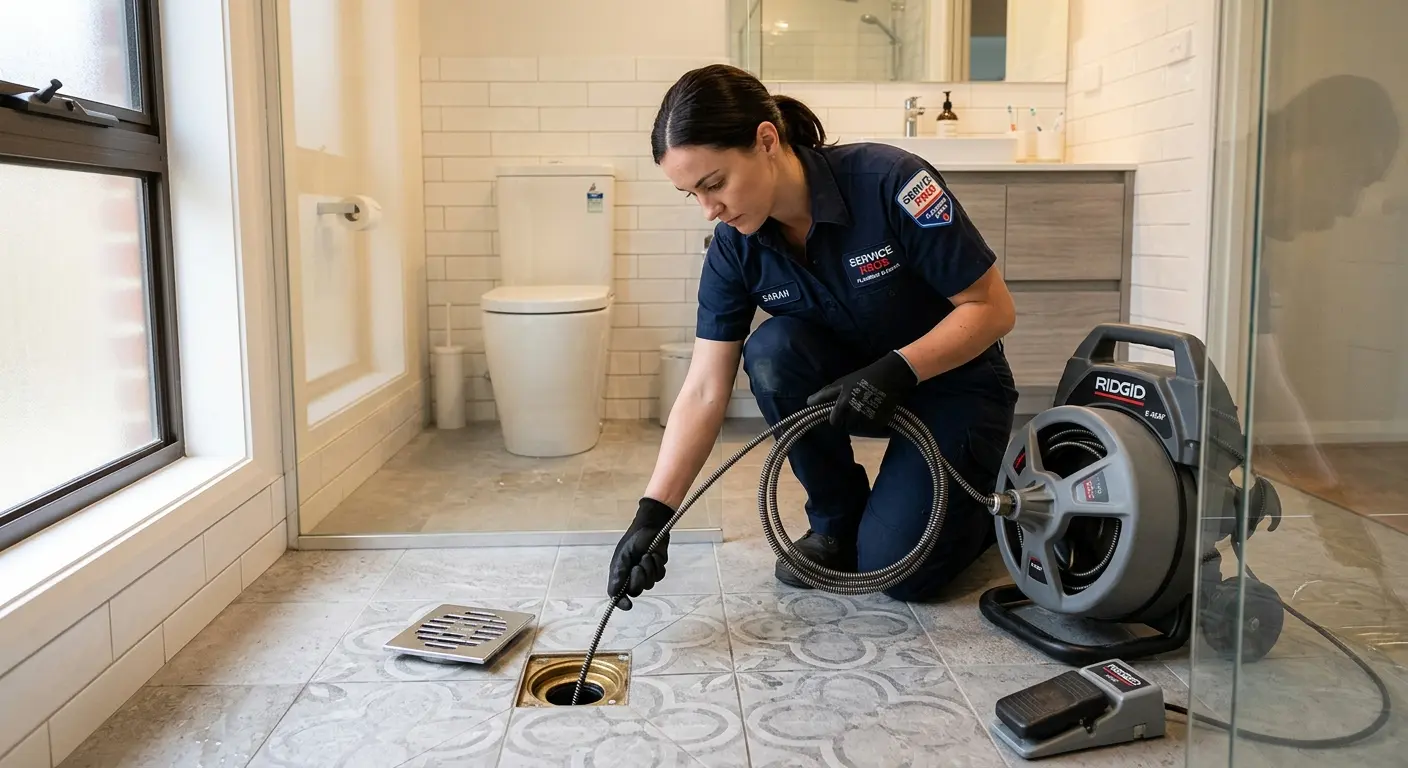 Technician clearing a bathroom floor drain for Hydro Jetting in Mira Monte